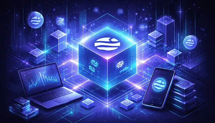 Illustration of Aptos blockchain network with glowing nodes, digital data flow, and smart contract concept