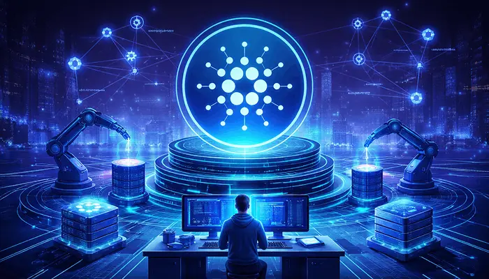 Cardano blockchain development concept with futuristic network, smart contracts and decentralized dApp ecosystem