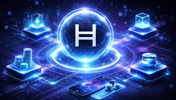 Hedera Hashgraph development concept with high throughput blockchain network visualization
