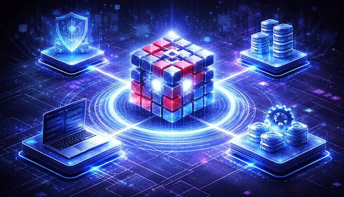 Hyperledger Fabric development blockchain network illustration with developers and nodes