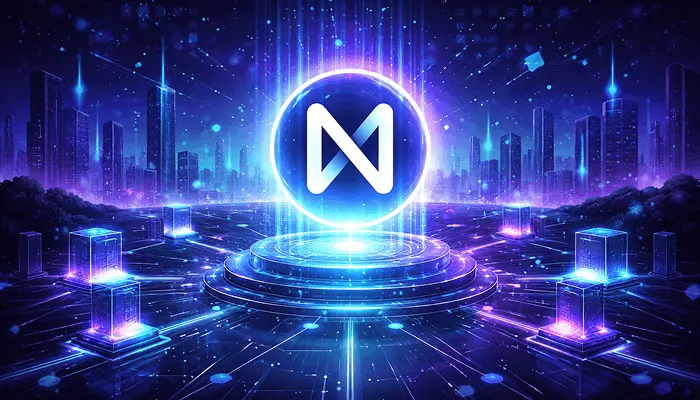 Futuristic NEAR Protocol blockchain concept with glowing network nodes and digital connections in a high-tech neon cityscape, representing scalable Web3 development.