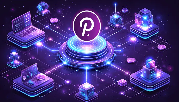 Polkadot blockchain network with interconnected parachains and decentralized nodes in futuristic digital ecosystem