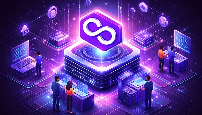 Polygon blockchain development illustration showing scalable Ethereum Layer-2 network with developers building dApps