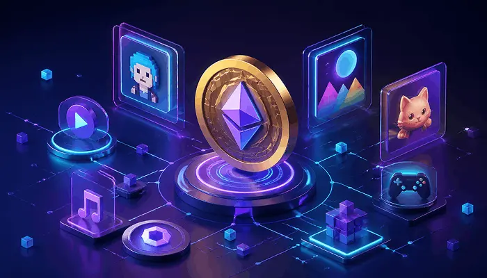 NFT development concept with digital assets and blockchain network visualization