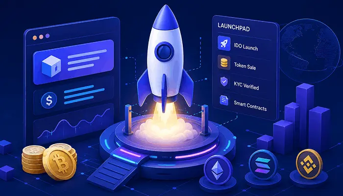 Futuristic crypto launchpad development platform with blockchain token launch and IDO fundraising concep