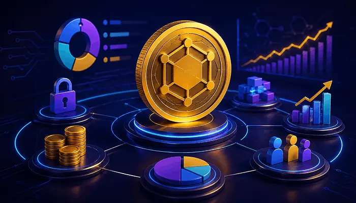Futuristic crypto tokenomics illustration showing blockchain token economy, staking, governance, analytics, and digital finance ecosystem Image Title: